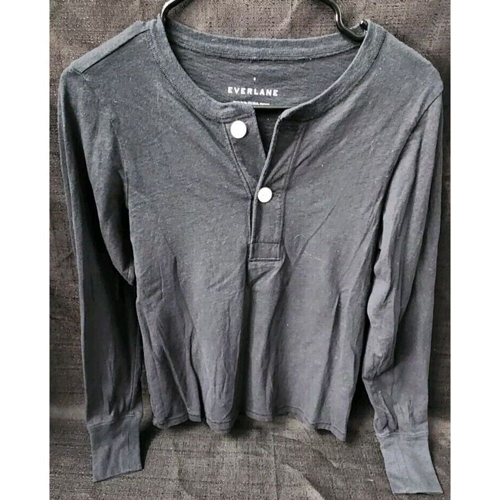 Everlane Women's Black Cotton‎ Crew Button Top Cropped Long Sleeve Size S NEW